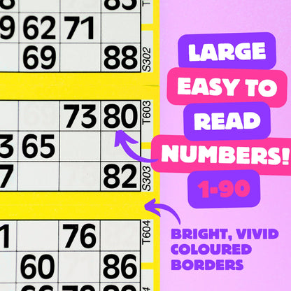 Bingo Books 6 Game Tickets per Sheet & 6 Sheets per Book - 3600 Easy to Read Bingo Cards 1-90 Large Print Numbers - Easy to Tear Perforated Colourful Flyers for Daubers, Pens and Dabbers