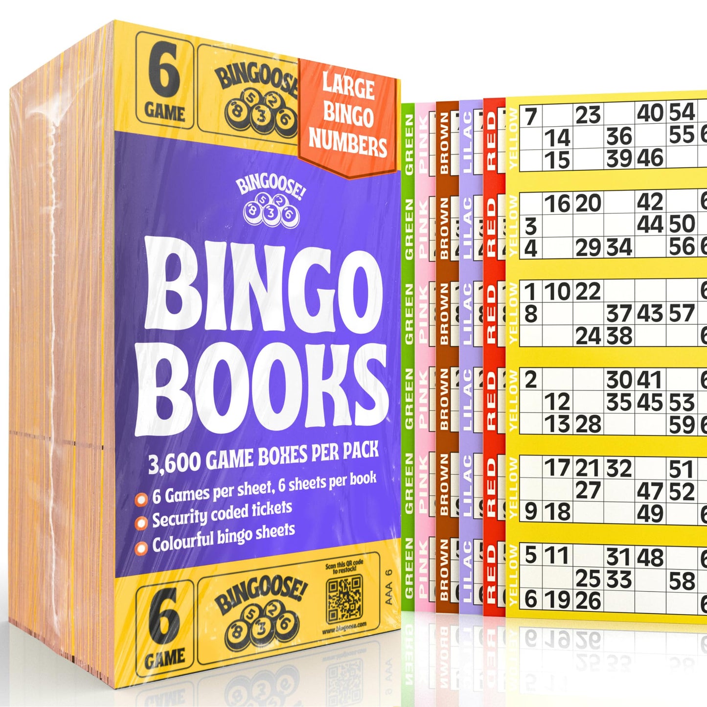 Bingo Books 6 Game Tickets per Sheet & 6 Sheets per Book - 3600 Easy to Read Bingo Cards 1-90 Large Print Numbers - Easy to Tear Perforated Colourful Flyers for Daubers, Pens and Dabbers