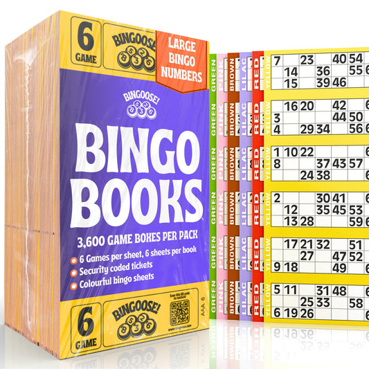 Bingo Books 6 Game Tickets per Sheet & 6 Sheets per Book - 3600 Easy to Read Bingo Cards 1-90 Large Print Numbers - Easy to Tear Perforated Colourful Flyers for Daubers, Pens and Dabbers