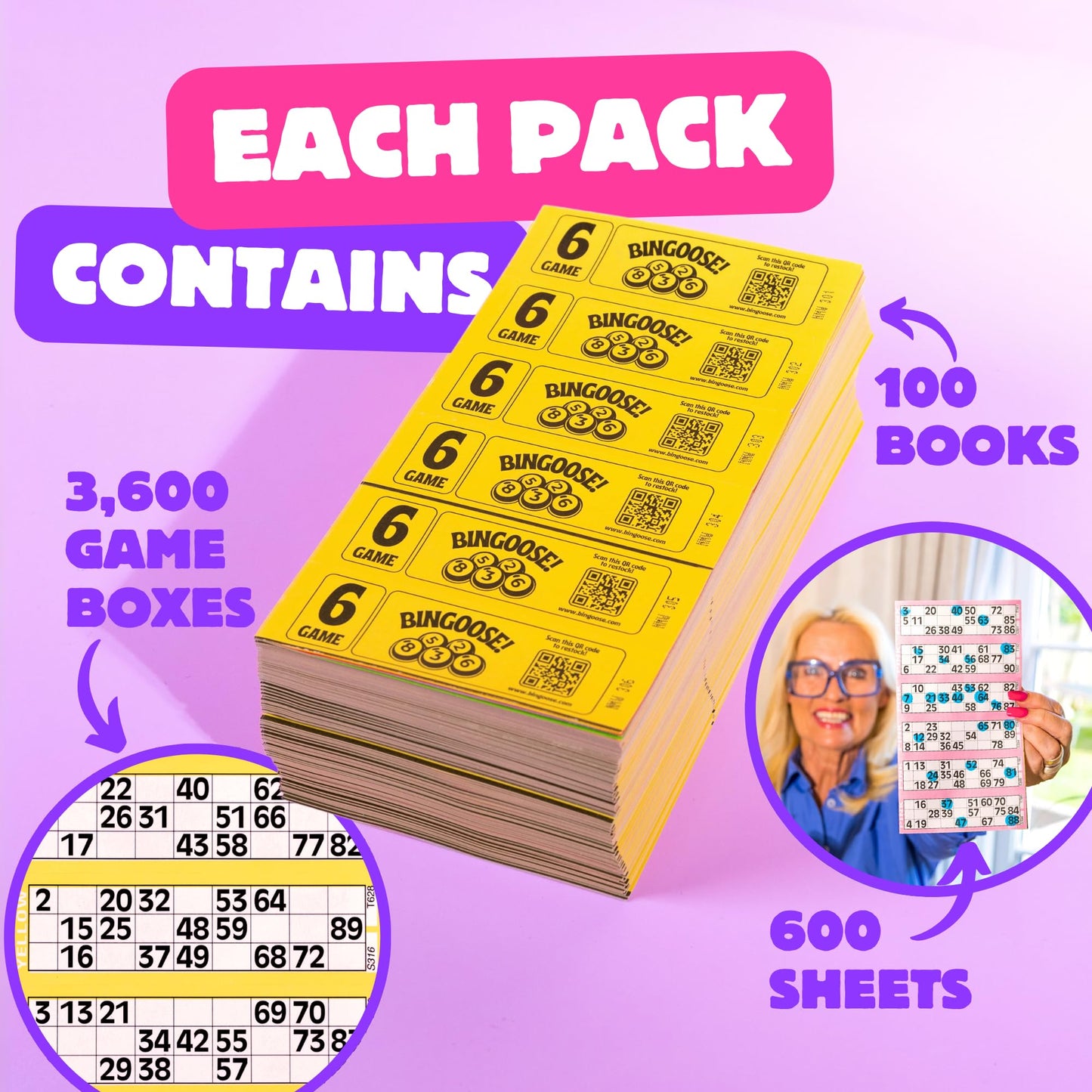 Bingo Books 6 Game Tickets per Sheet & 6 Sheets per Book - 3600 Easy to Read Bingo Cards 1-90 Large Print Numbers - Easy to Tear Perforated Colourful Flyers for Daubers, Pens and Dabbers