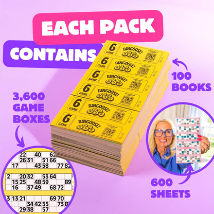 Bingo Books 6 Game Tickets per Sheet & 6 Sheets per Book - 3600 Easy to Read Bingo Cards 1-90 Large Print Numbers - Easy to Tear Perforated Colourful Flyers for Daubers, Pens and Dabbers