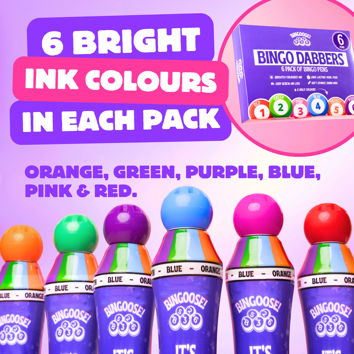 Bingoose Bingo Dabbers Pack of 6 for Dotting Game Books, Tickets, Sheets & Cards - Sponge Tip Jumbo Bingo Pens with Bright Marker Ink - Screw Top, Non Leak Dot Markers - Long-Lasting Daubers for Game Night Fun
