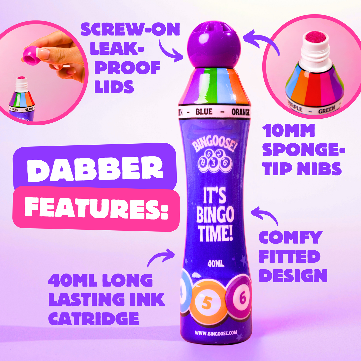 Bingoose Bingo Dabbers Pack of 6 for Dotting Game Books, Tickets, Sheets & Cards - Sponge Tip Jumbo Bingo Pens with Bright Marker Ink - Screw Top, Non Leak Dot Markers - Long-Lasting Daubers for Game Night Fun