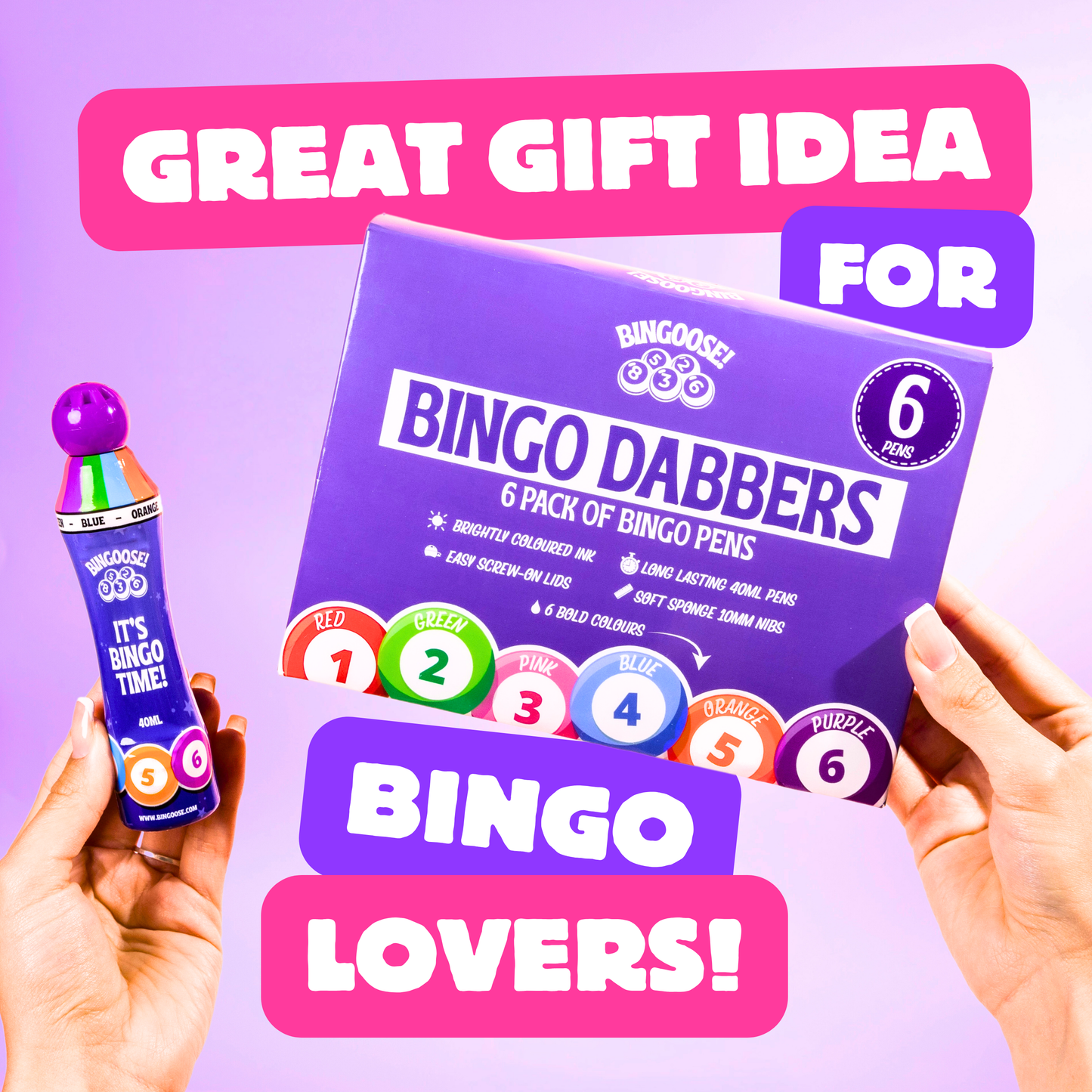 Bingoose Bingo Dabbers Pack of 6 for Dotting Game Books, Tickets, Sheets & Cards - Sponge Tip Jumbo Bingo Pens with Bright Marker Ink - Screw Top, Non Leak Dot Markers - Long-Lasting Daubers for Game Night Fun